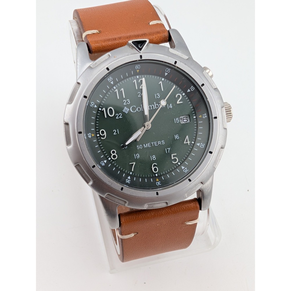 Columbia Men's Watch 38mm Case Green Dial Brown Leather Band- New Battery